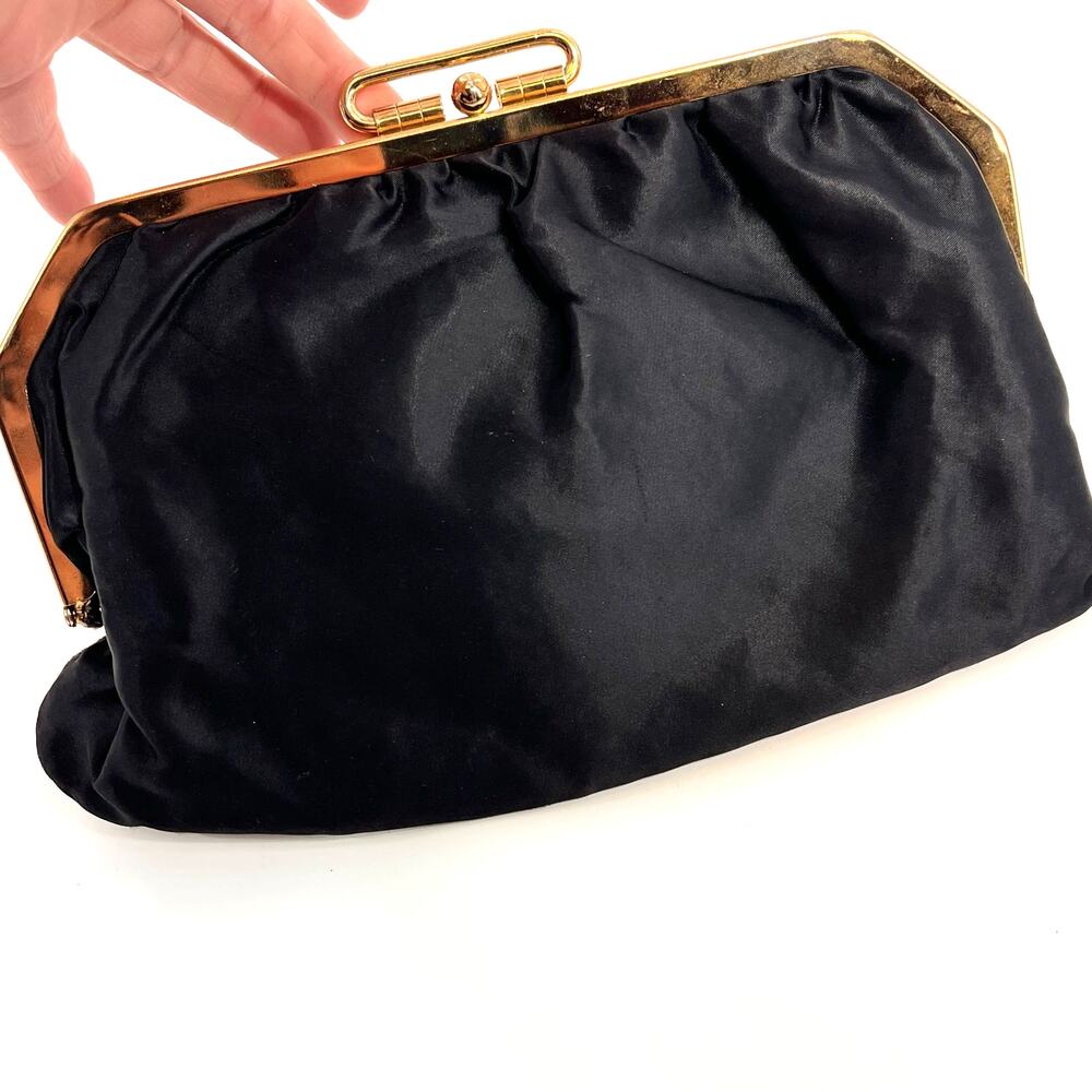vintage women's black satin a frame clutch gold hardware clasp and lining